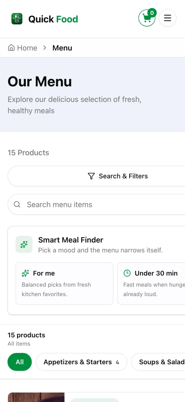 Quick Food sandbox menu on a phone
