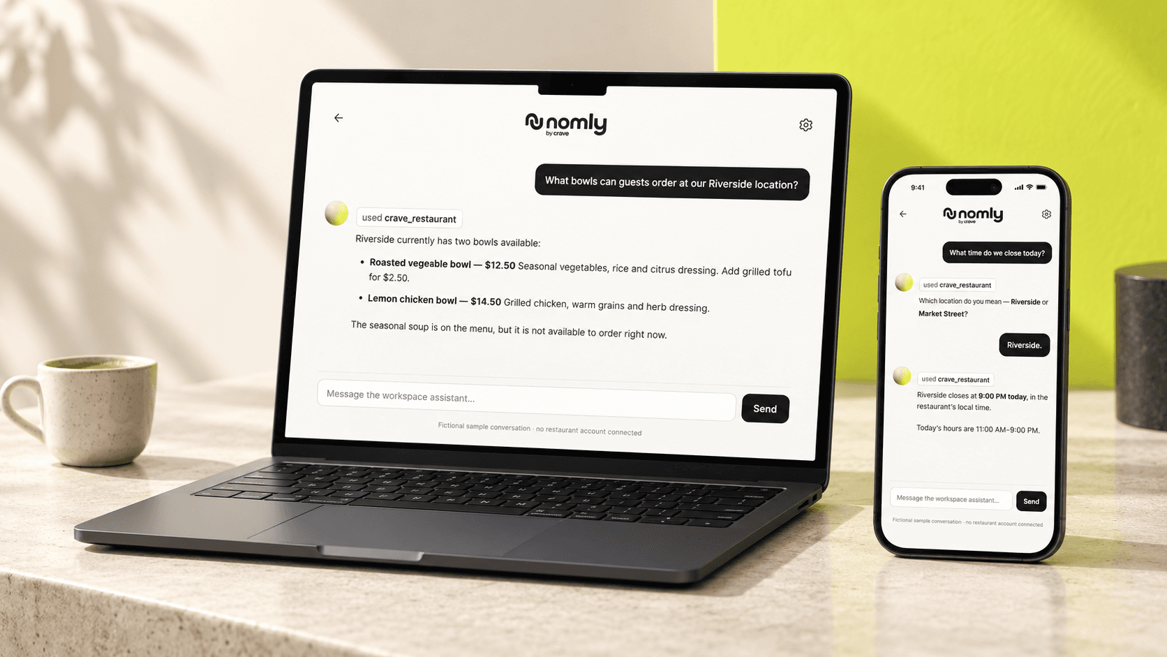 Nomly product illustration on a laptop and phone with fictional menu and location conversations