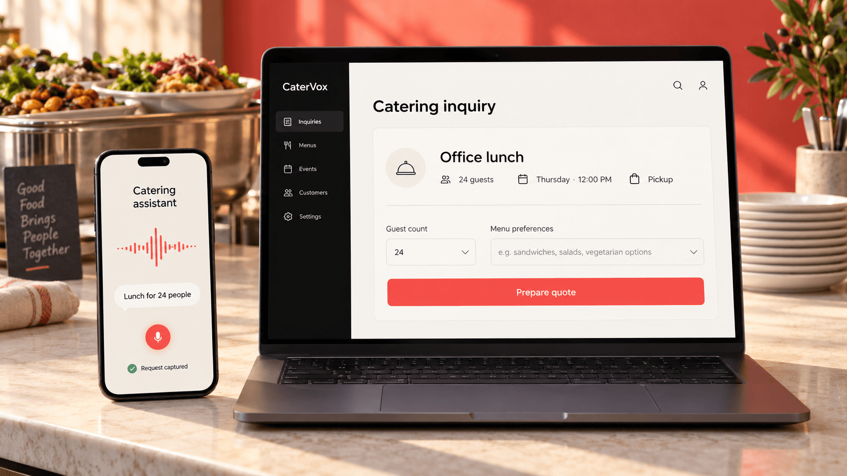 CaterVox product illustration showing a catering conversation on a phone beside a staff inquiry on a laptop, with fictional data