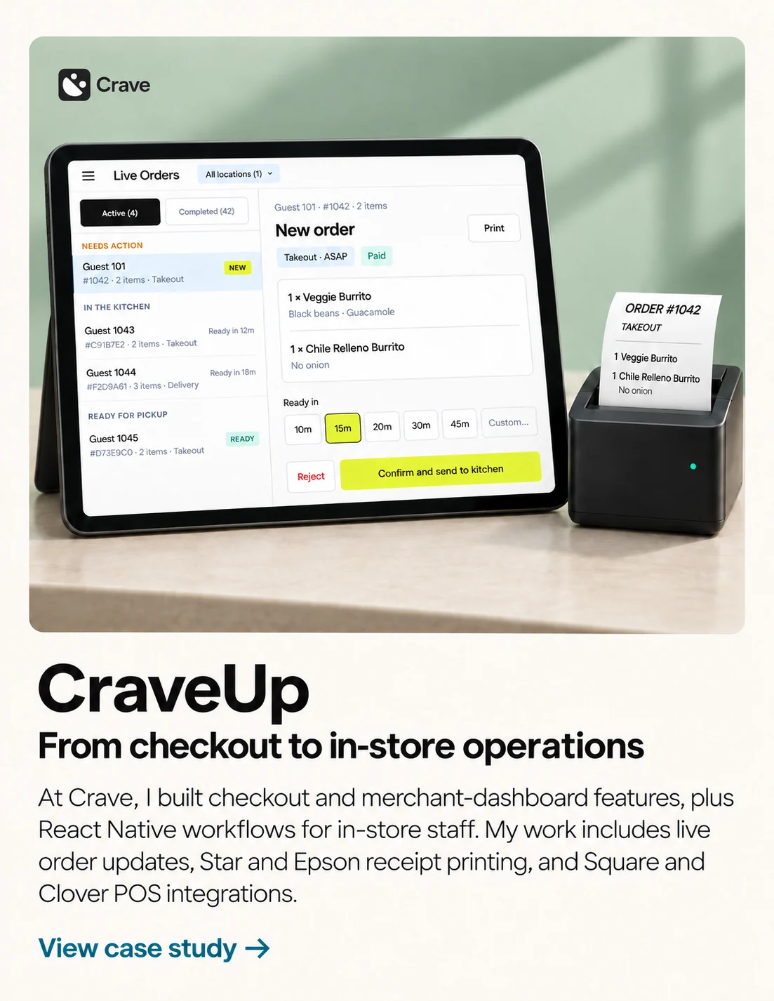 Illustrated CraveUp staff order screen with a matching receipt and fictional order data