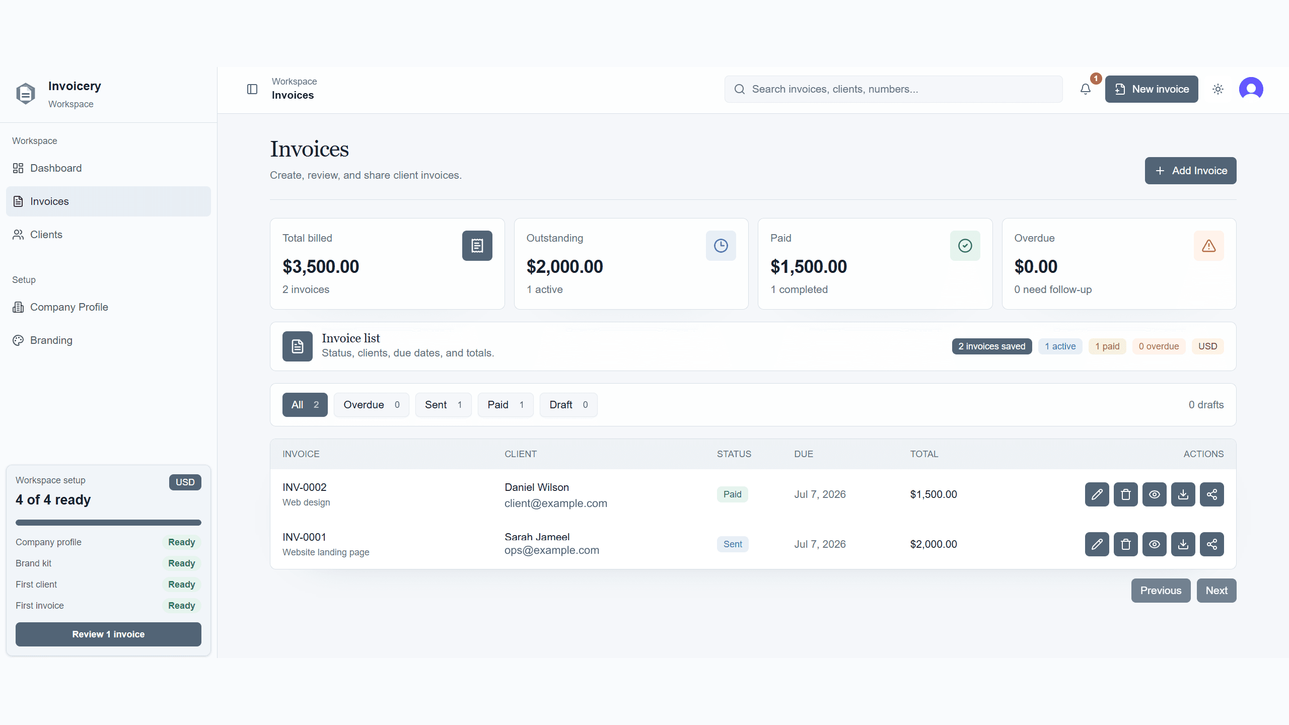 Invoicery invoices table