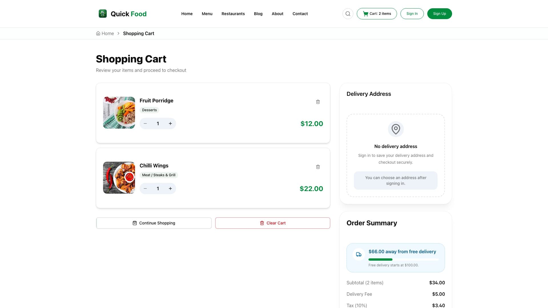 Quick Food shopping cart and checkout screen