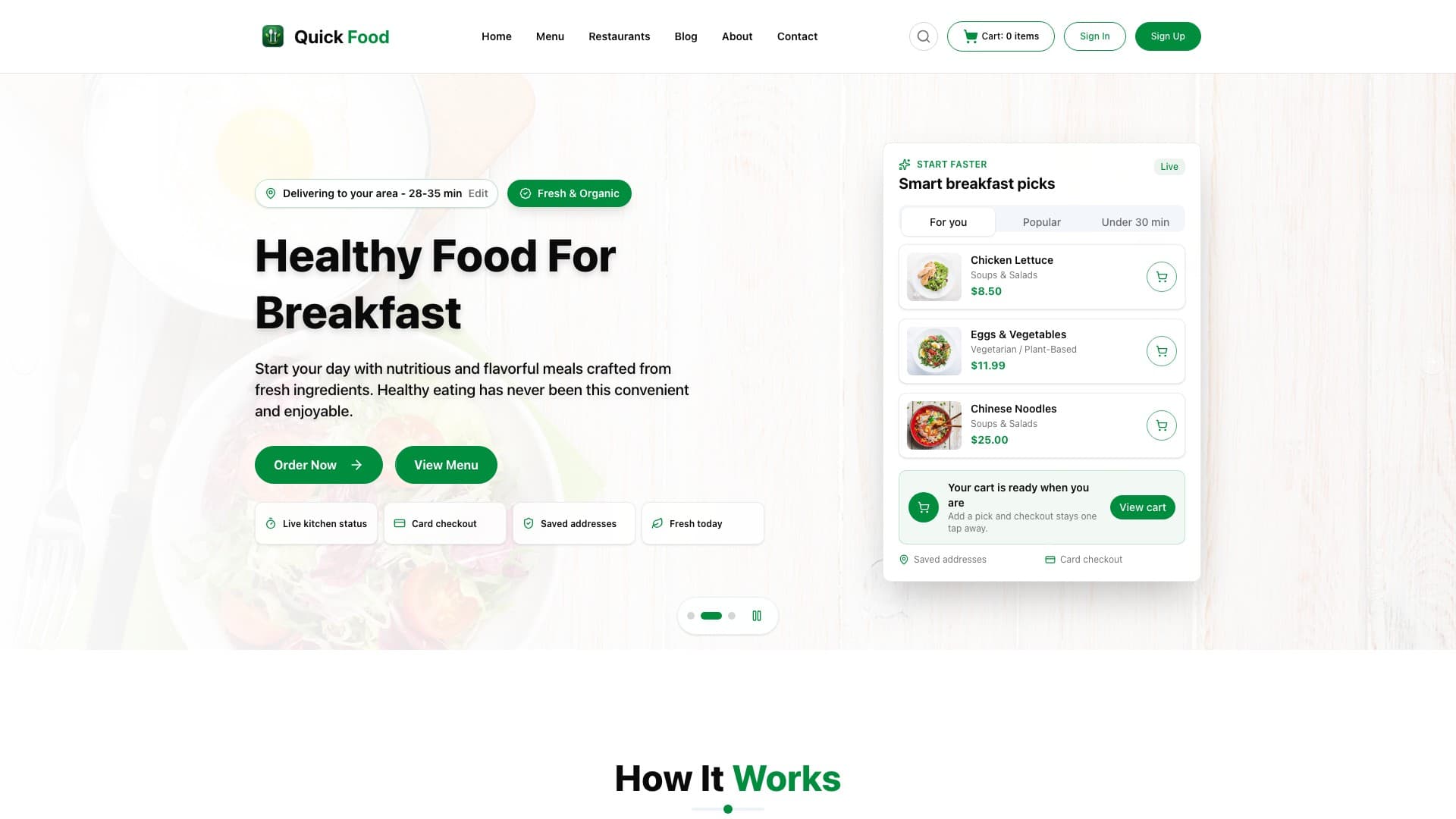 Quick Food homepage with menu picks and cart prompt