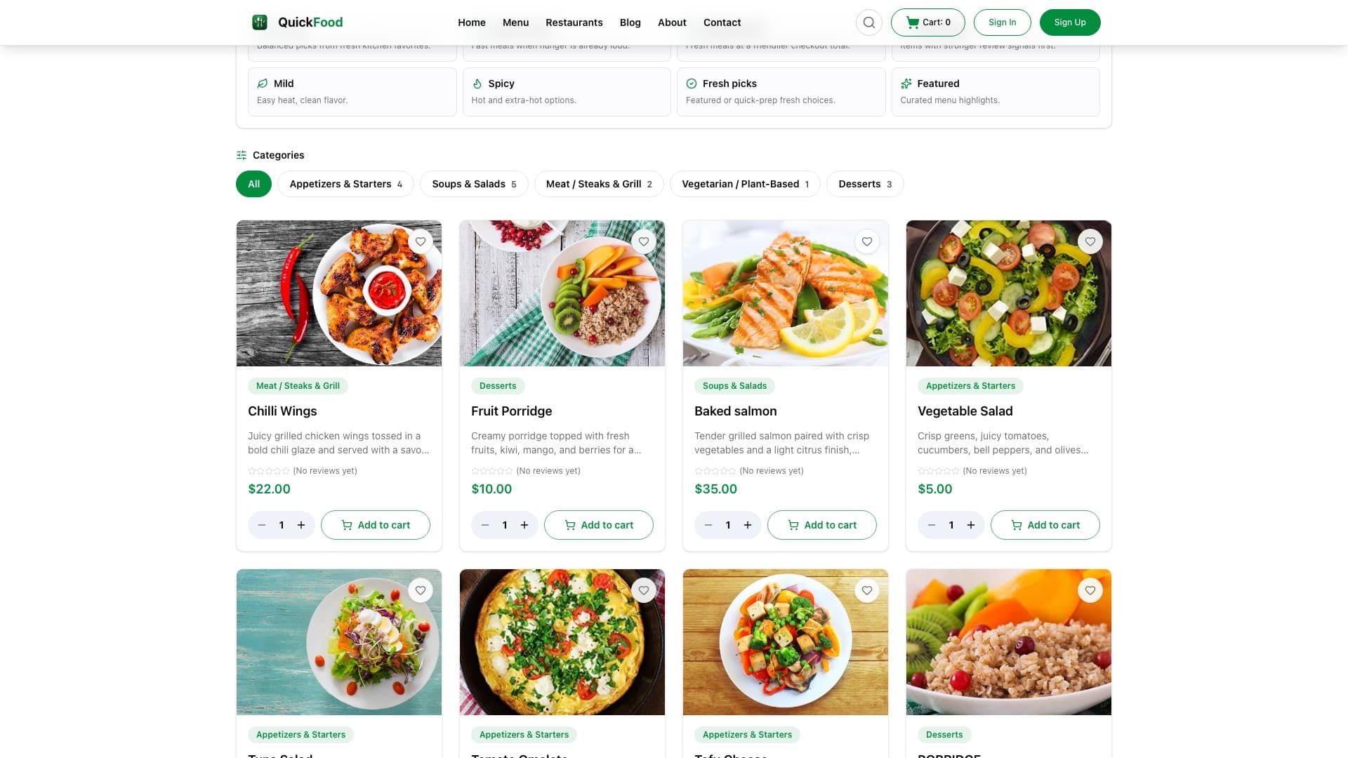 Quick Food menu browsing screen
