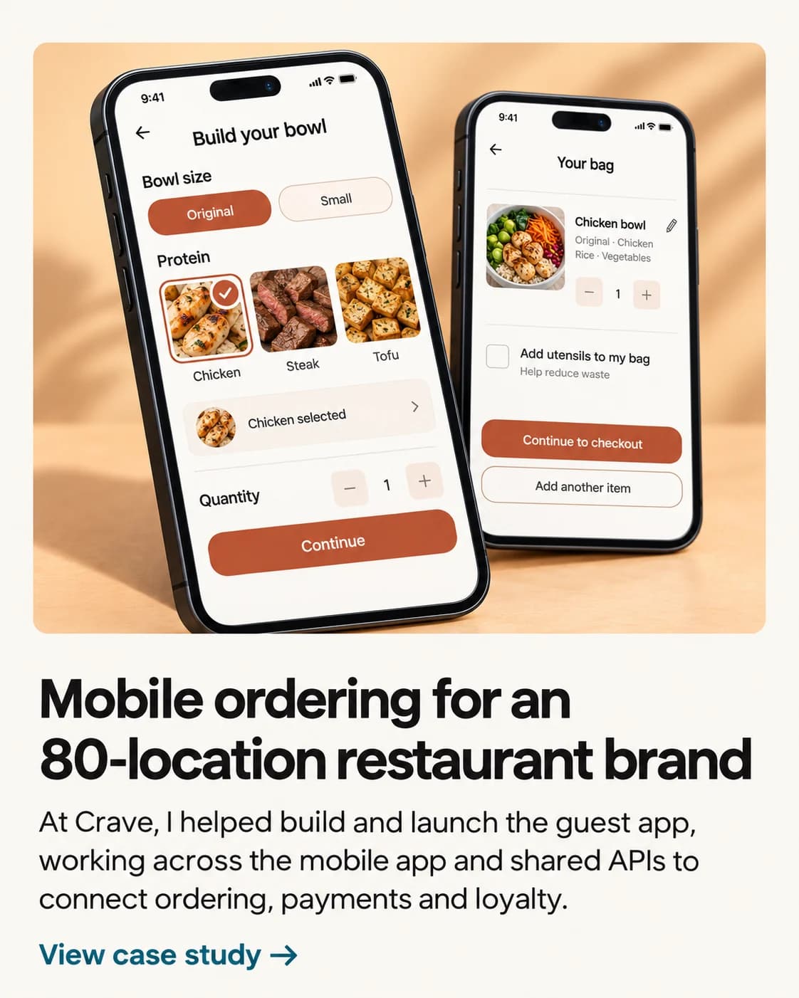 Illustrated phones showing meal customization and an editable cart with fictional menu data
