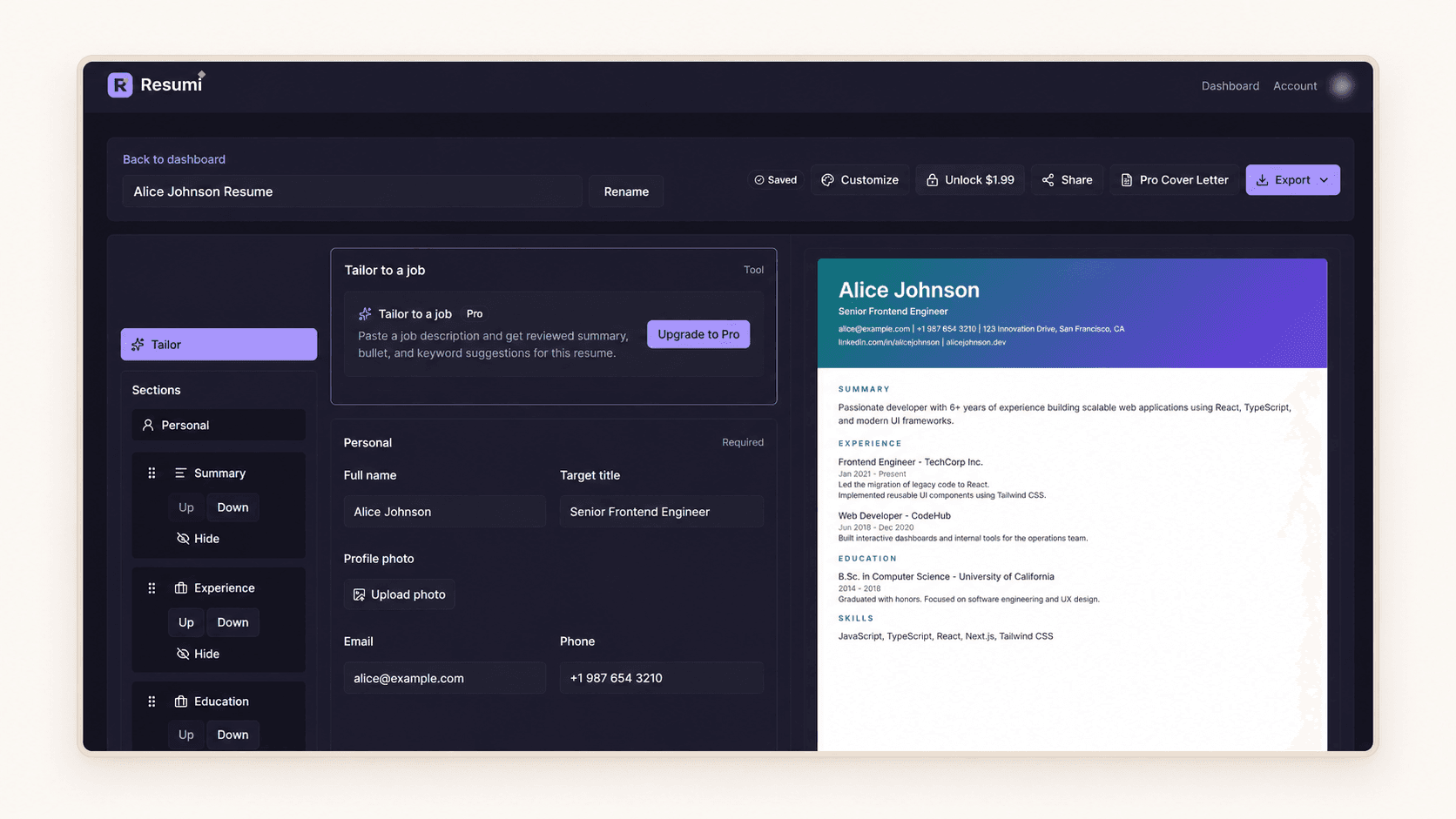Resumi AI assistance panel