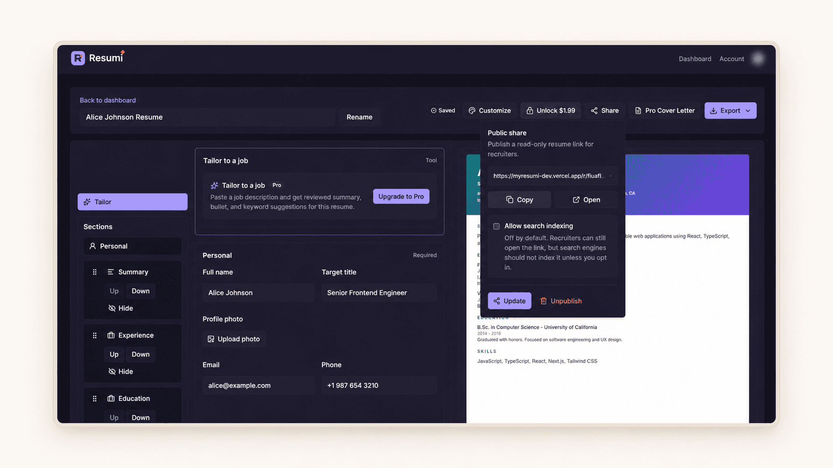 Resumi public resume sharing modal