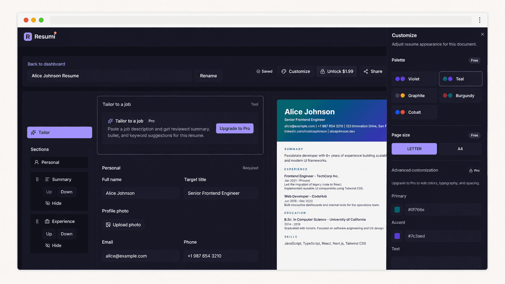 Resumi customization and templates panel