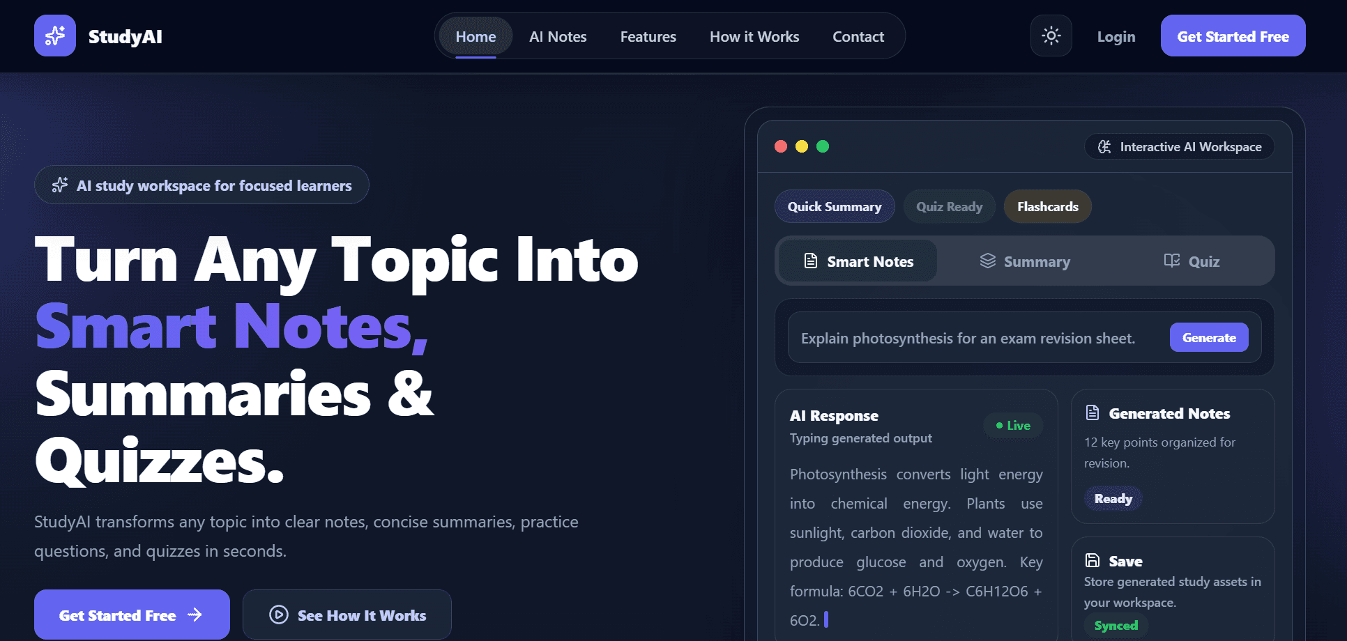 StudyAI landing hero and AI workspace preview