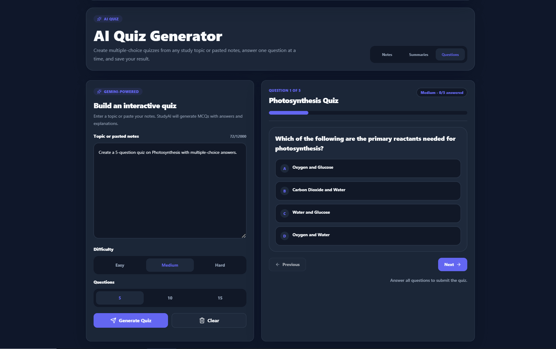 StudyAI quiz generator