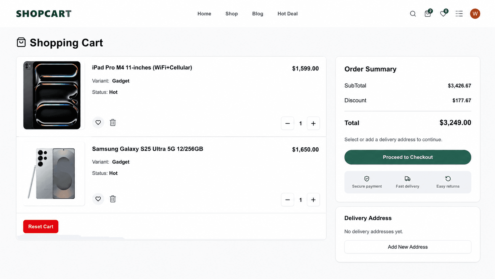 Ecommerce Store cart with selected products