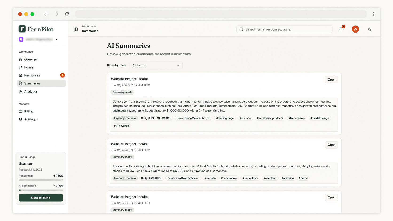 FormPilot AI summaries dashboard