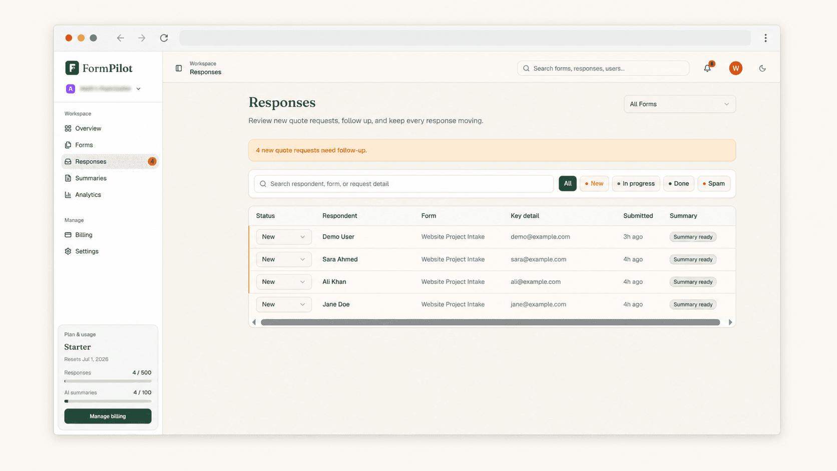 FormPilot responses dashboard