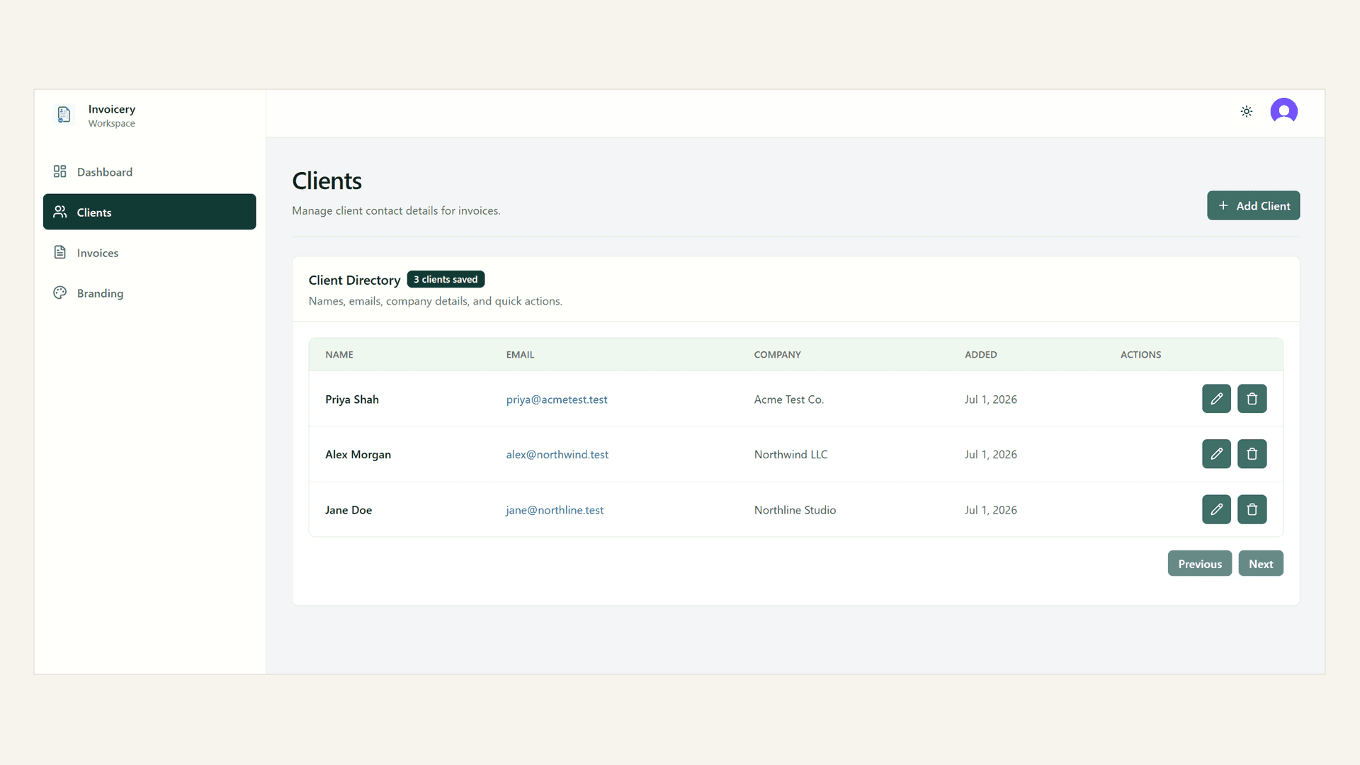 Invoicery clients table