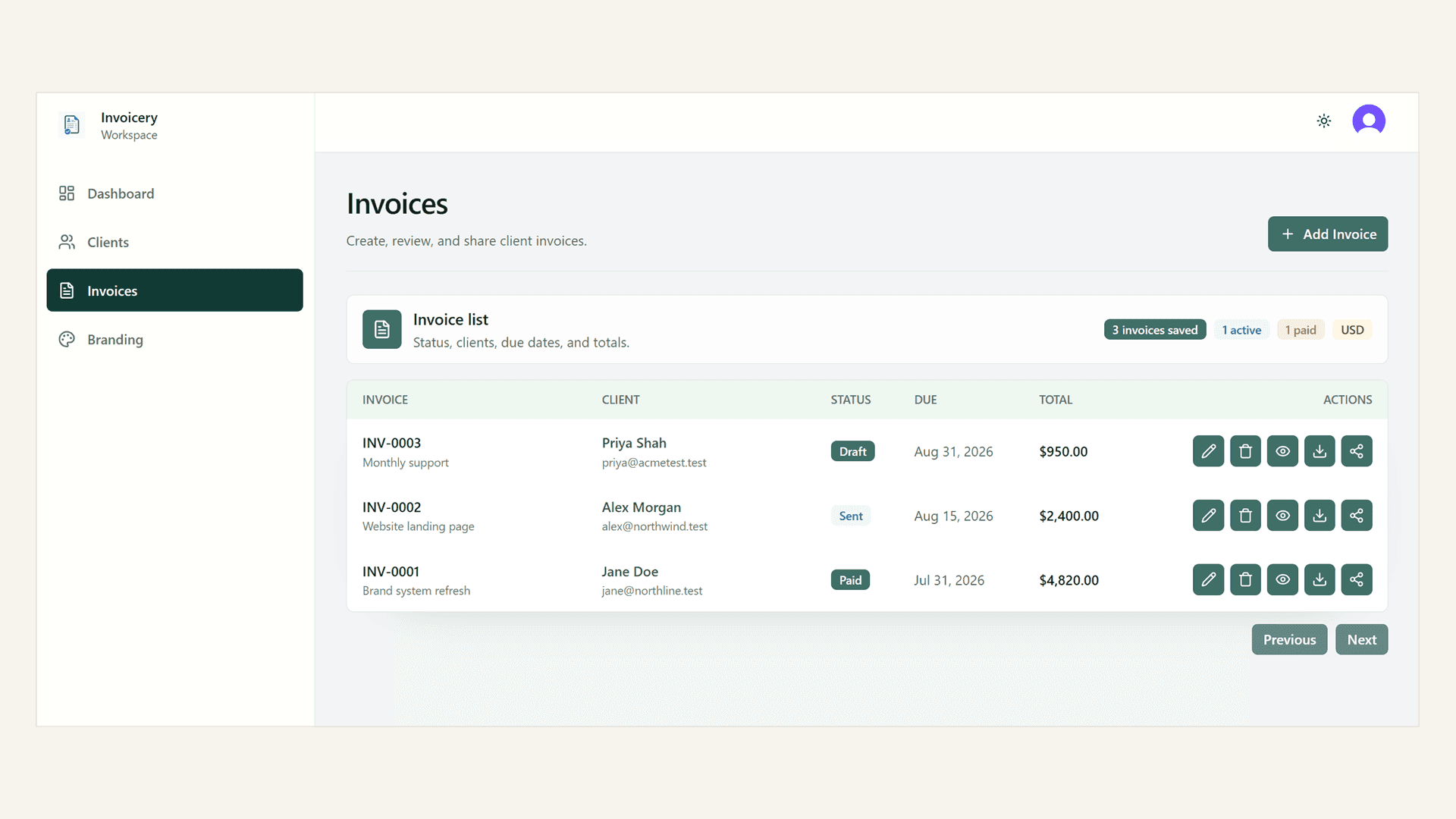 Invoicery invoices table